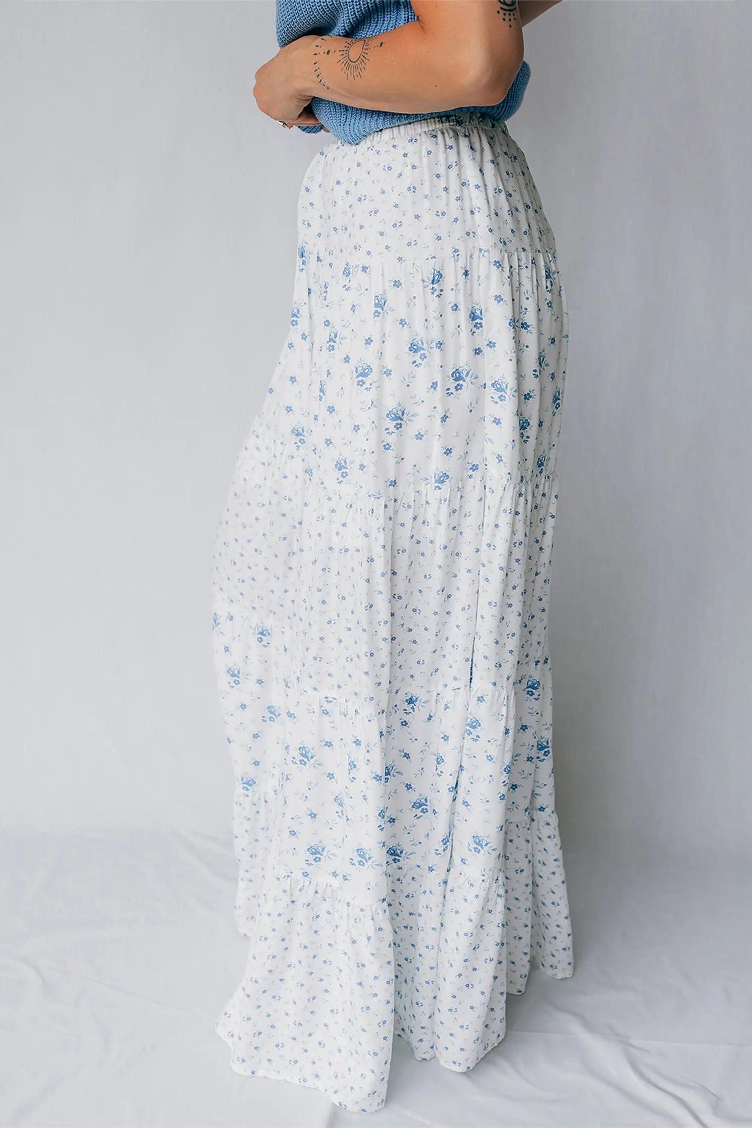 High Waist Tiny Floral Print Boho Maxi Skirt – Sky Blue