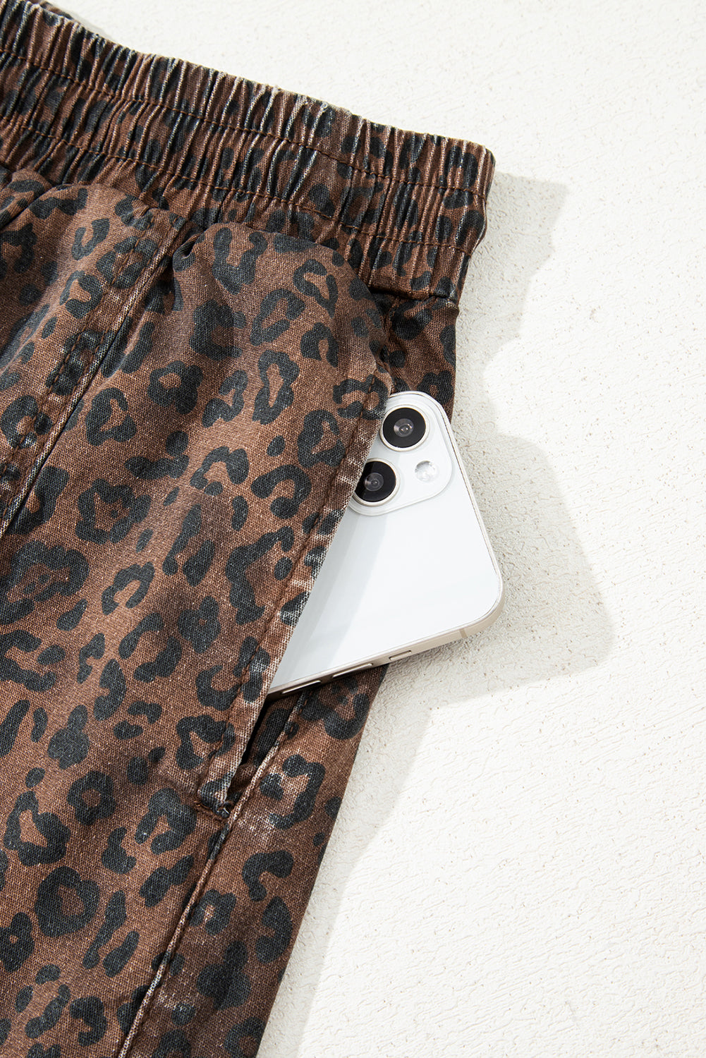 Brown Leopard Print Elastic Waist Drawstring Denim Skort eAura
