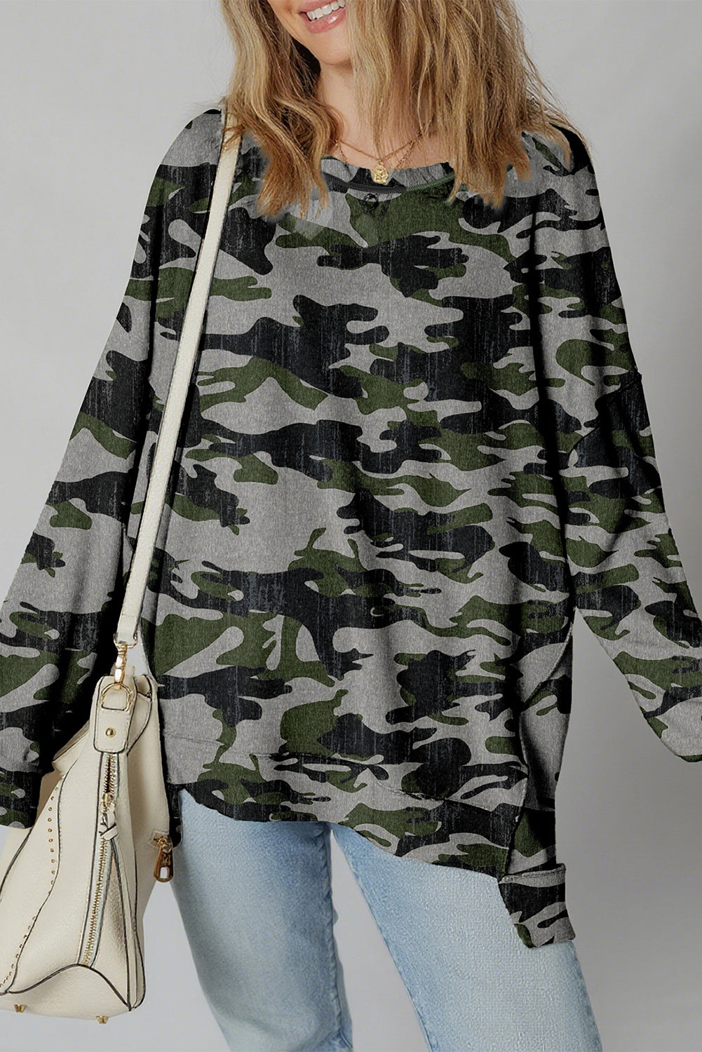 Retro Camouflage Print Exposed Seam Patchwork Drop Shoulder Sweatshirt - eAura