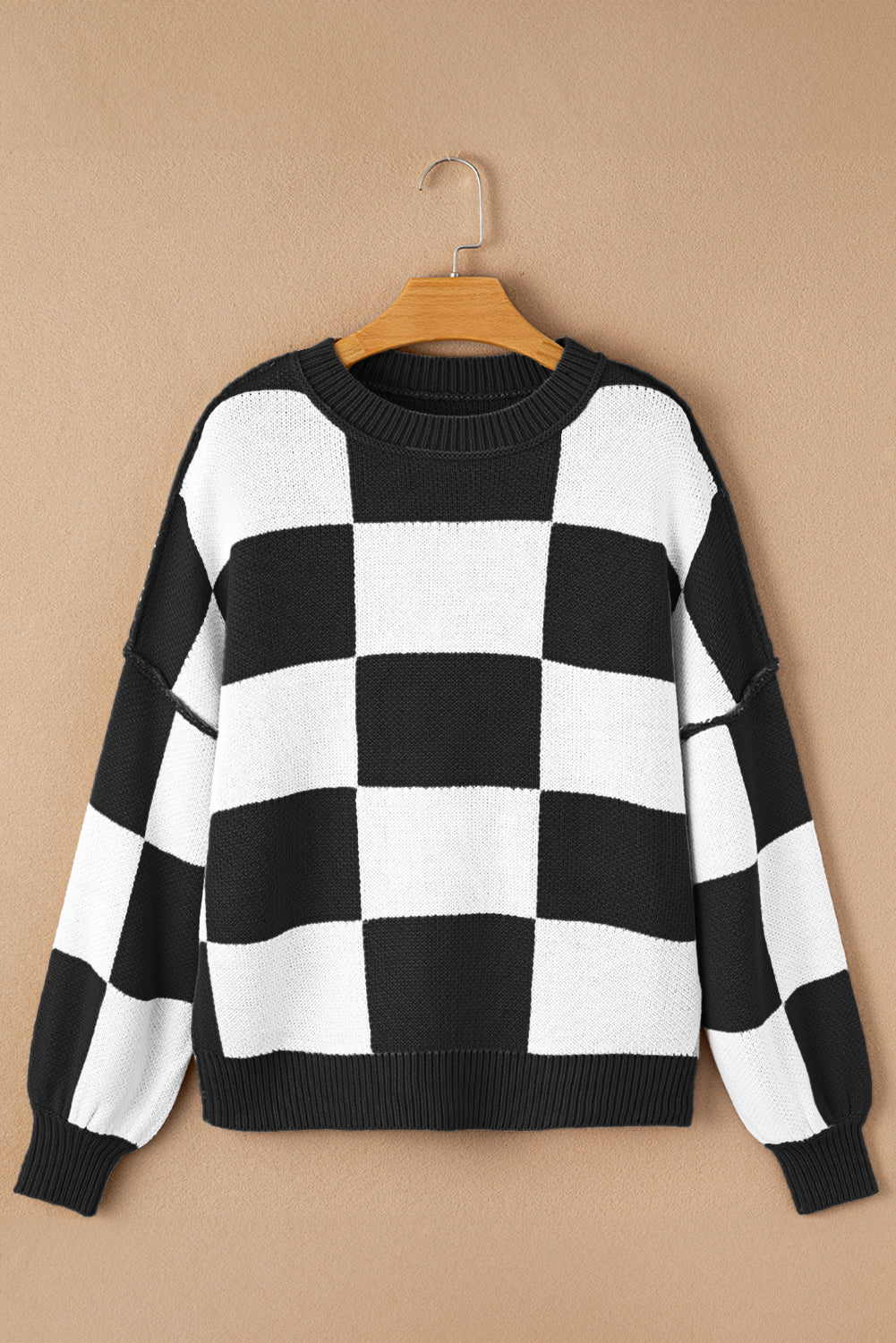 Checkered Bishop Sleeve Sweater – Rose, Pink, Green, Brown, Red & Black