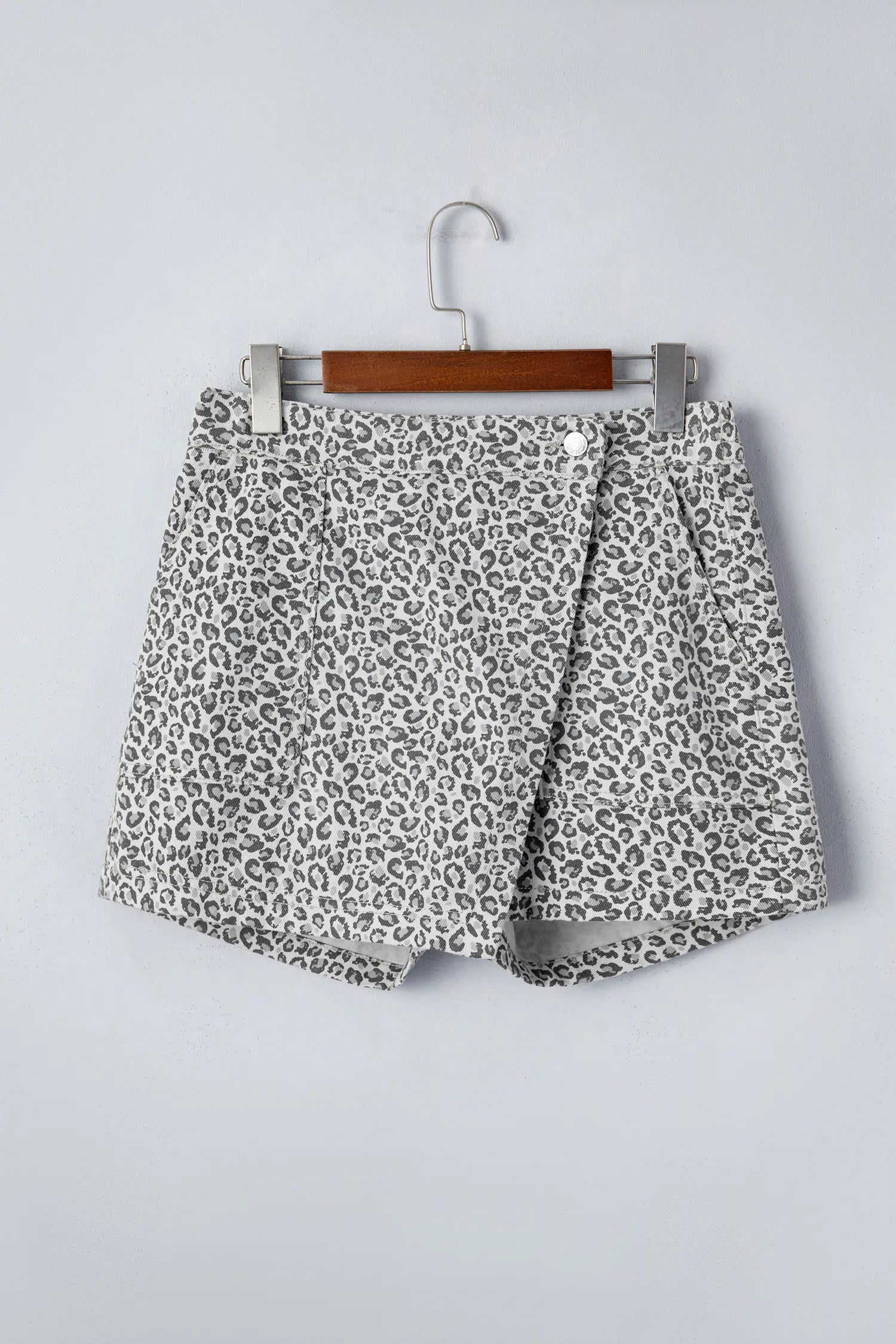 Gray Leopard Print Wrap Front Denim Shorts