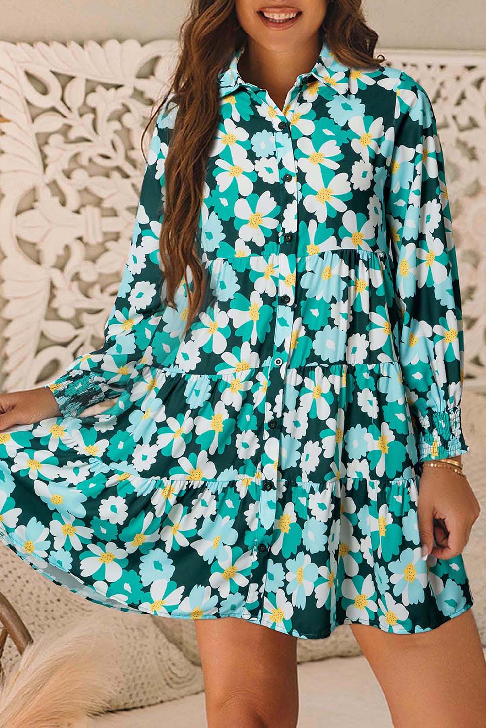 Green Floral Tiered Long Puff Sleeve Shirt Dress eAura