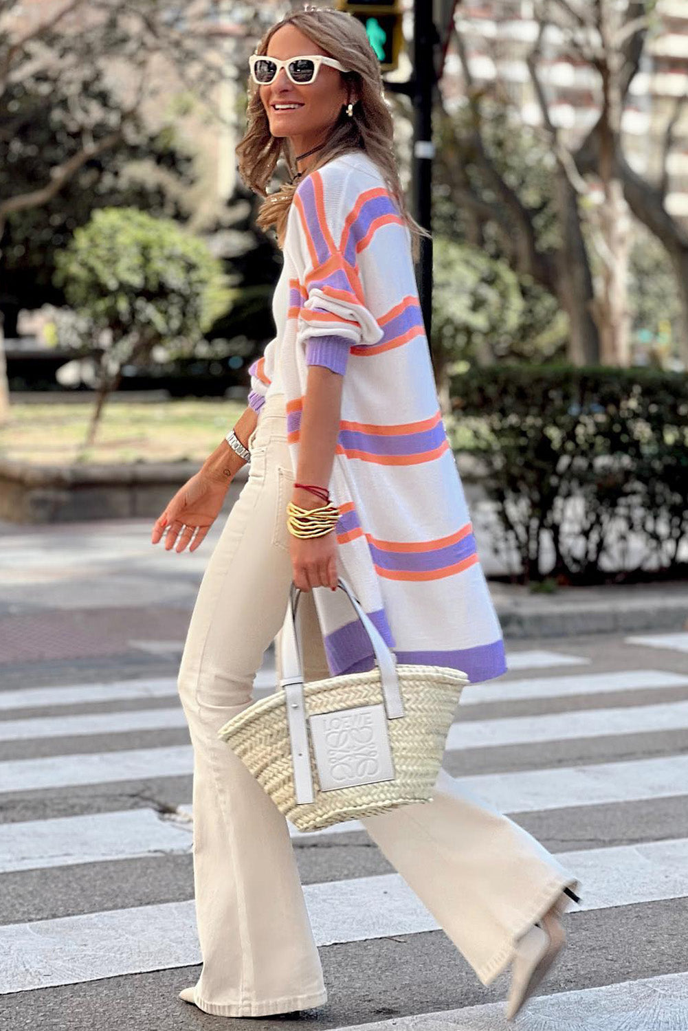 Beige Striped Long Sleeve Ribbed Trim Button Cardigan eAura