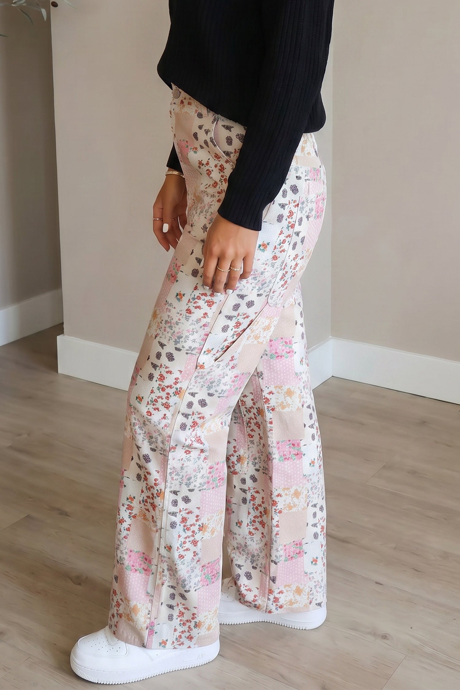 Floral Patchwork Wide Leg Full Length Jeans – Pink