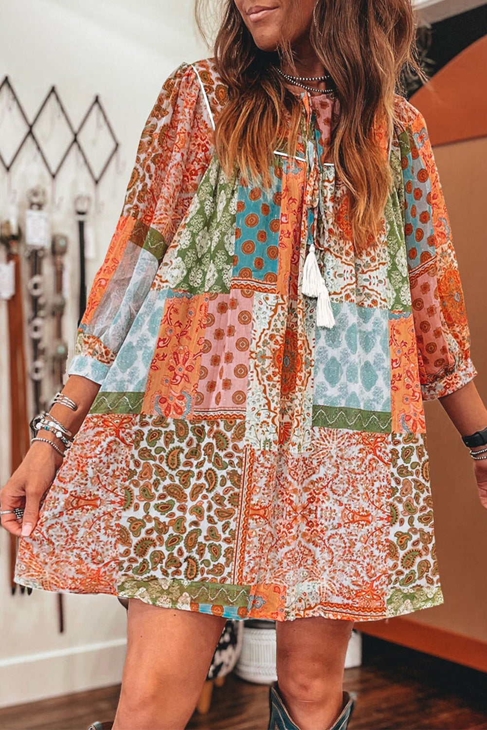 Orange Boho Paisley Mixed Print 3/4 Sleeve Chiffon Loose Dress eAura