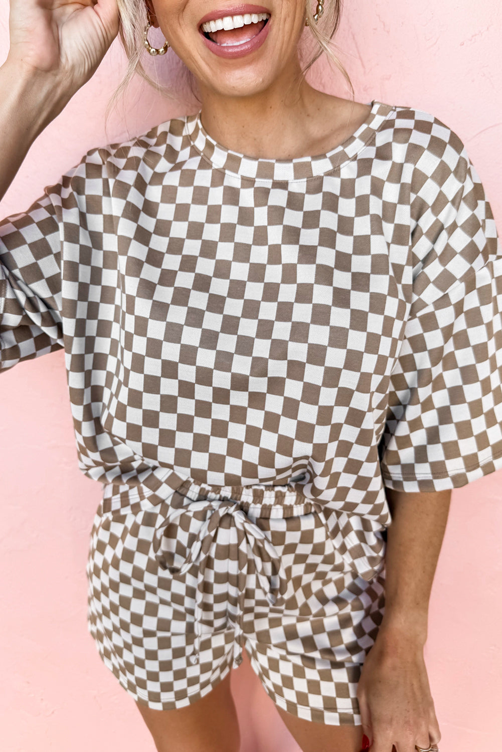 Brown Checkered Top and Short Casual 2pcs Set Co-ord eAura
