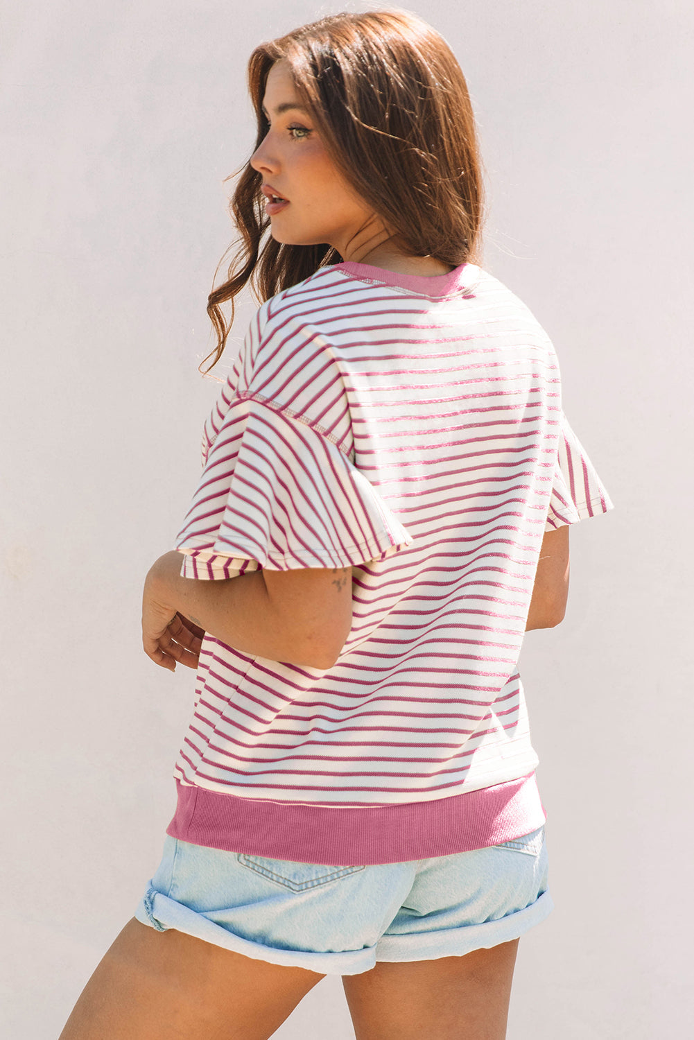 Contrast Detail Striped Ruffle Short Sleeve Top eAura