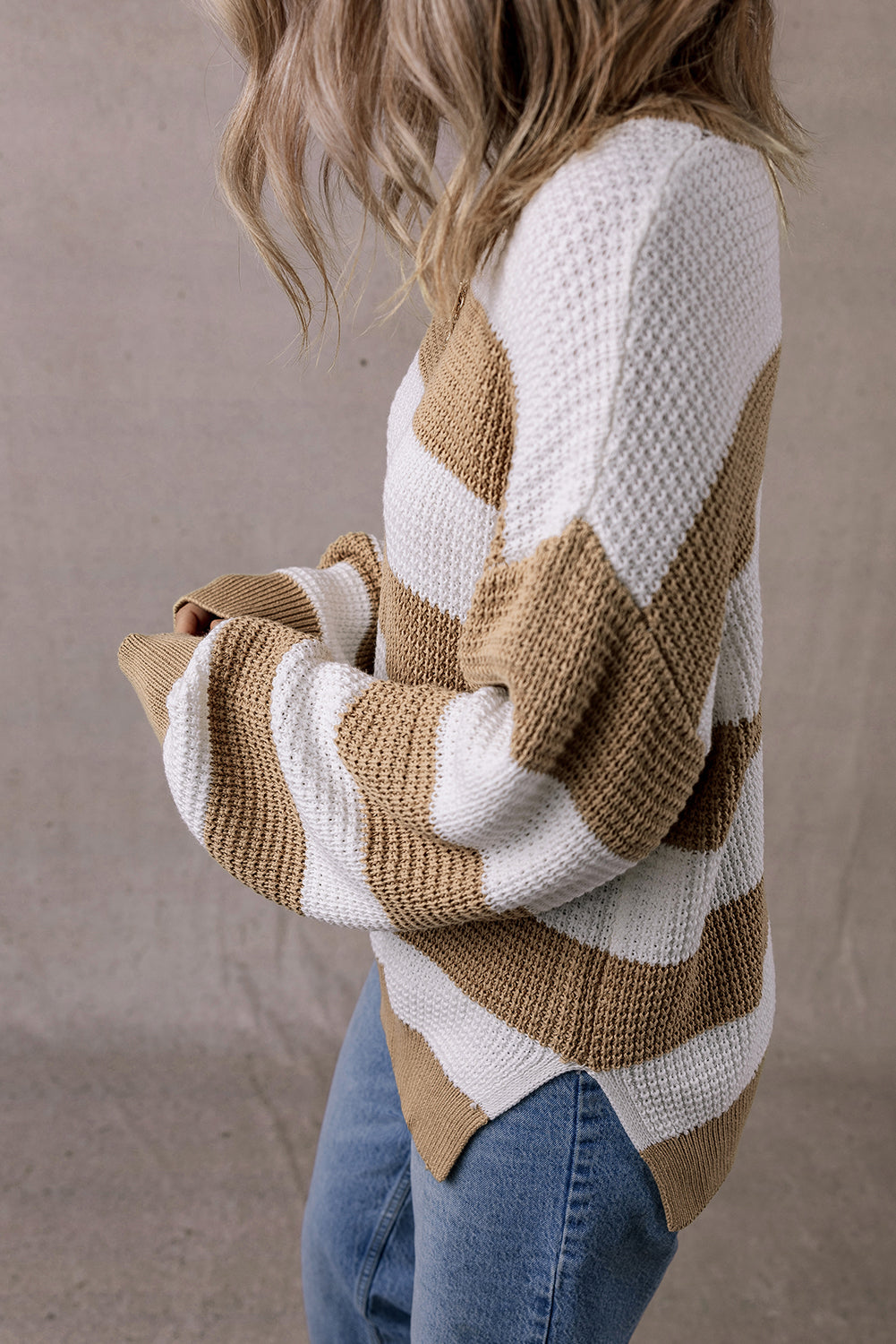 Light French Beige Colourblock Striped Drop Shoulder Side Slit Sweater eAura