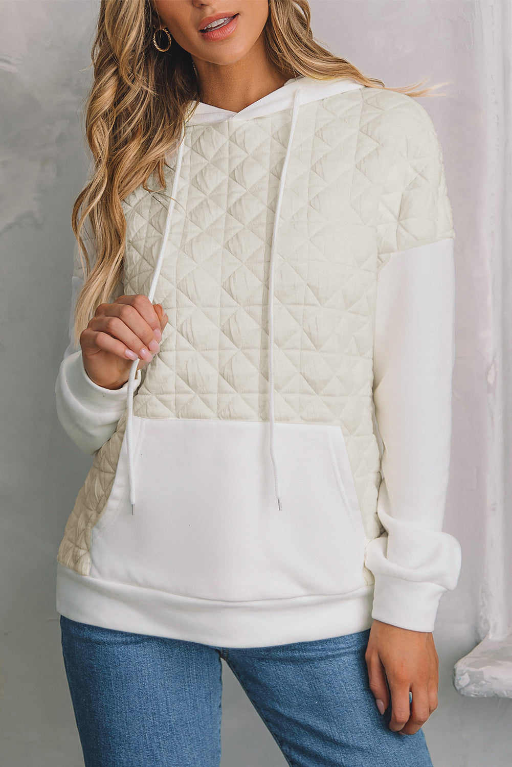 Beige Drop Shoulder Quilted Patchwork Kangaroo Pocket Hoodie eAura