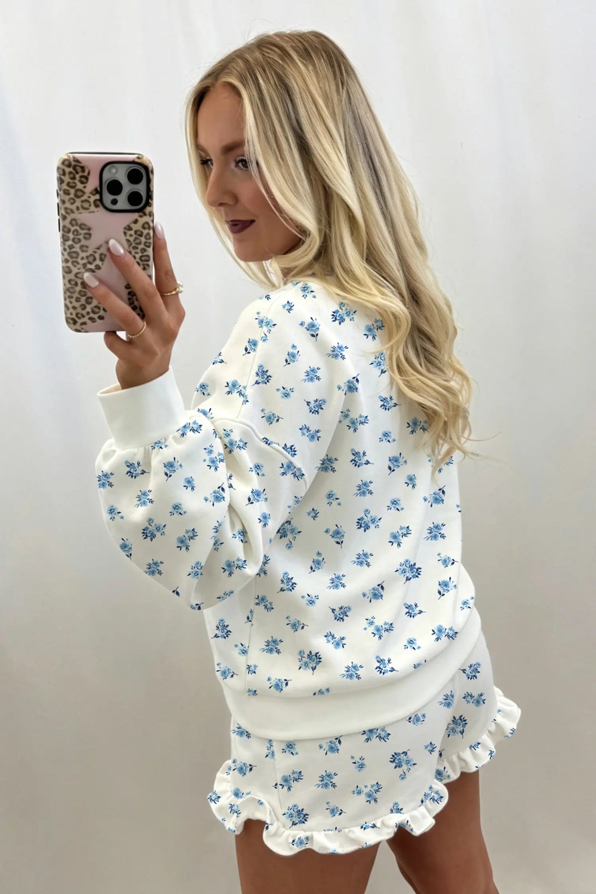 Floral Print Long Sleeve Top Elastic Waist Ruffle Hem Shorts 2pcs Set – Sky Blue
