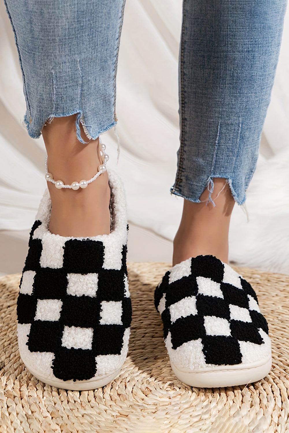 Black Checkered Print Fuzzy Slip On Winter Slippers BB Fashion Outlet