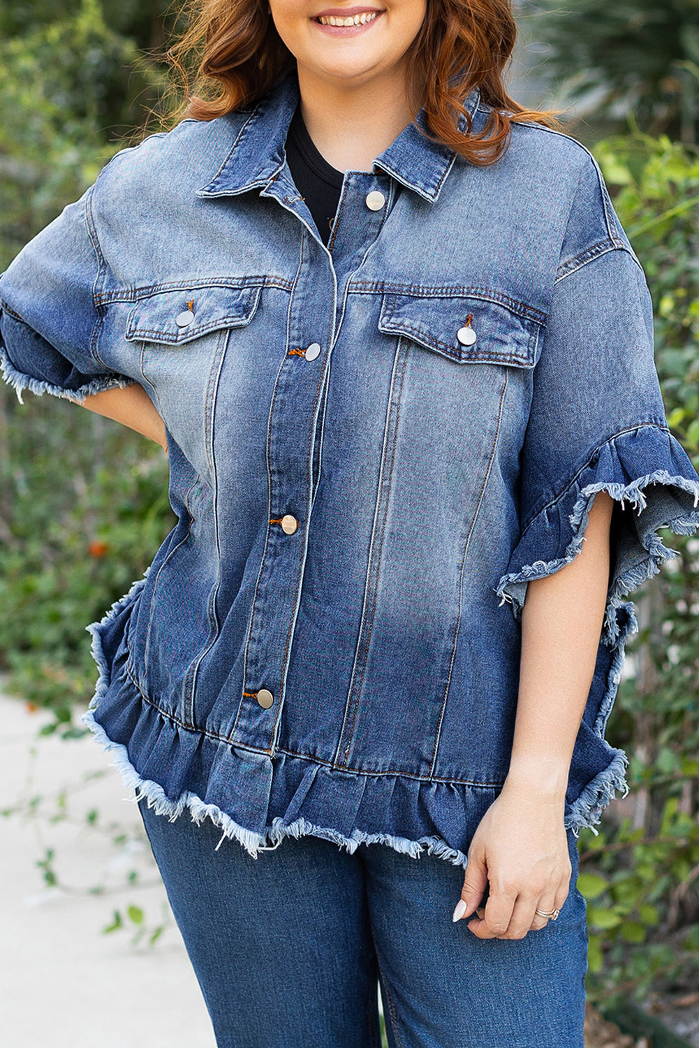 Peacock Blue Ruffled Frayed Short Sleeve Plus Size Denim Jacket Beagle Boutique Fashion Outlet