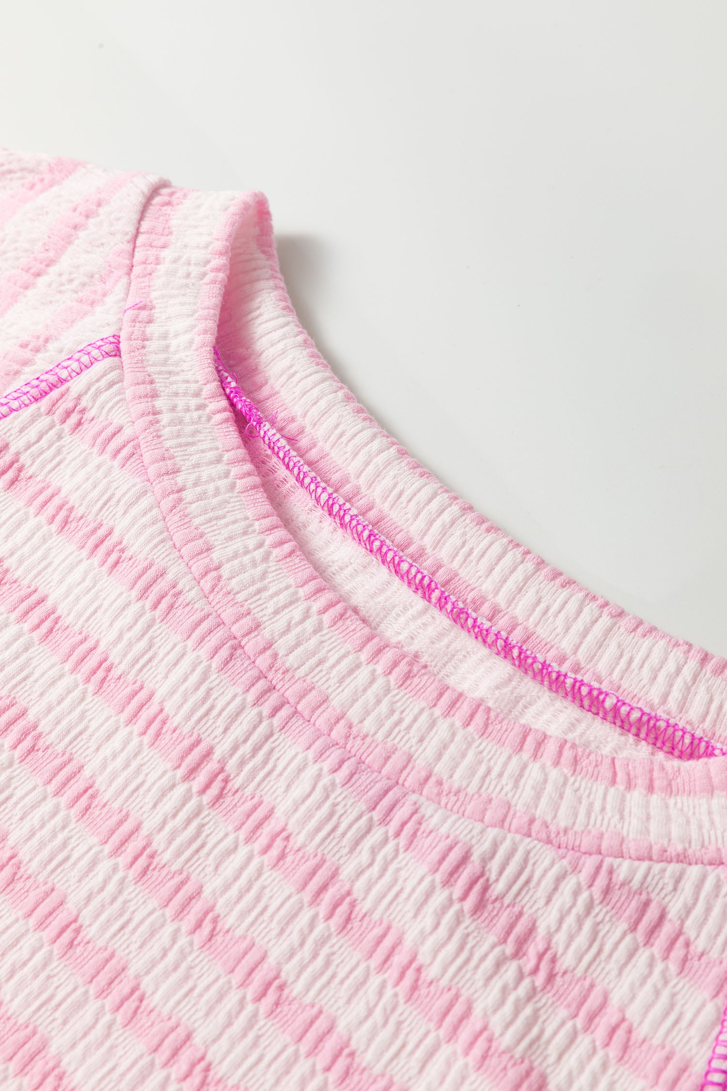 Striped Textured Knit Split Hem Half Sleeve Loose Top