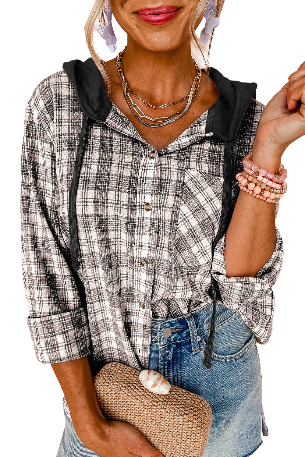 Black Checkered Print Loose Fit Buttoned Hooded Shacket eAura