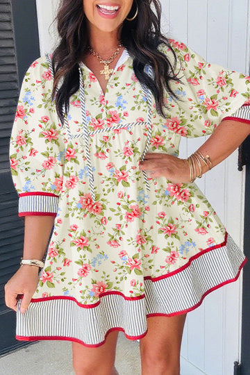 Striped Edge 3/4 Puff Sleeve Floral Dress