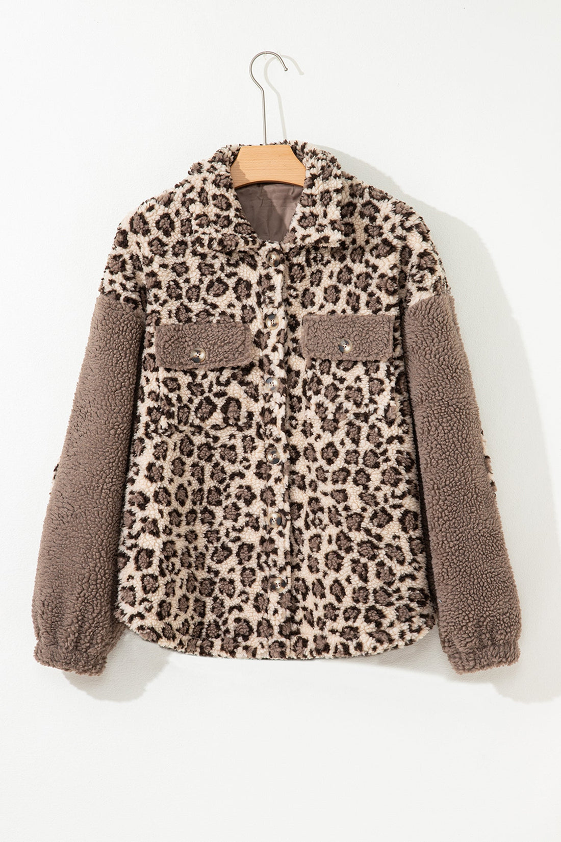 Brown Sherpa Leopard Print Flap Pocket Collared Button Up Jacket - eAura