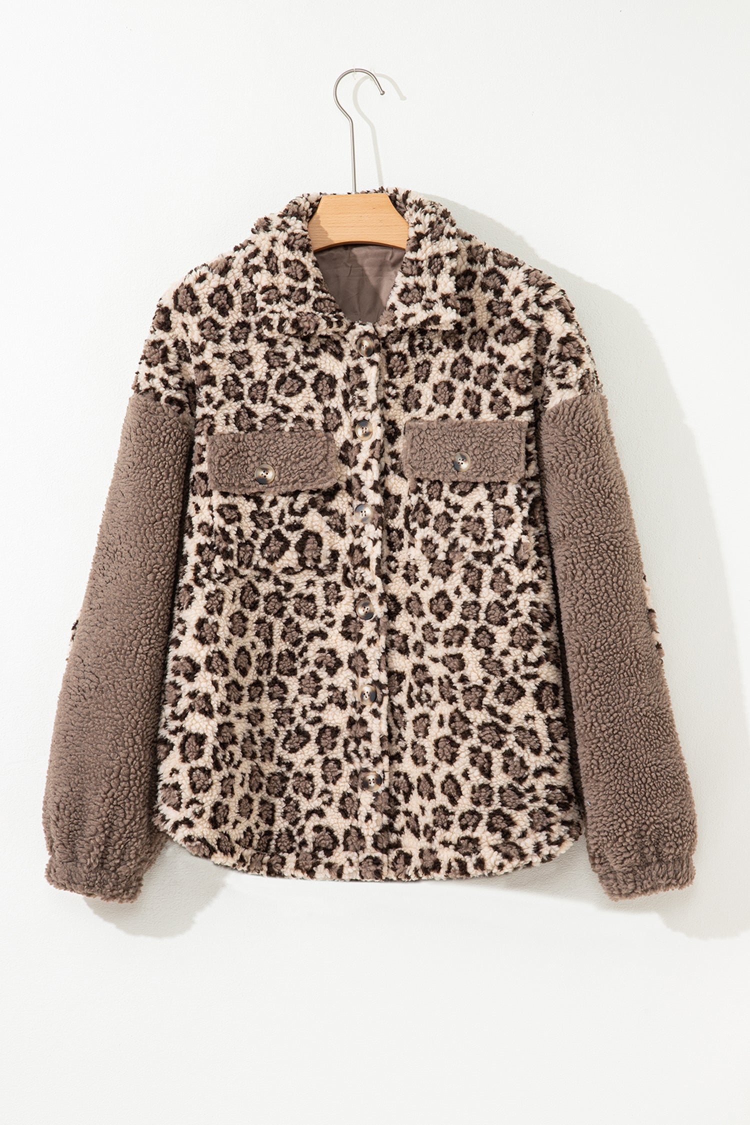 Brown Sherpa Leopard Print Flap Pocket Collared Button Up Jacket - eAura