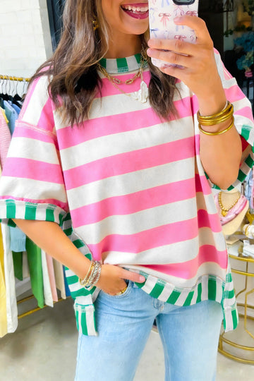 Exposed Seam Contrast Patchwork Oversized Top – Pink Stripe