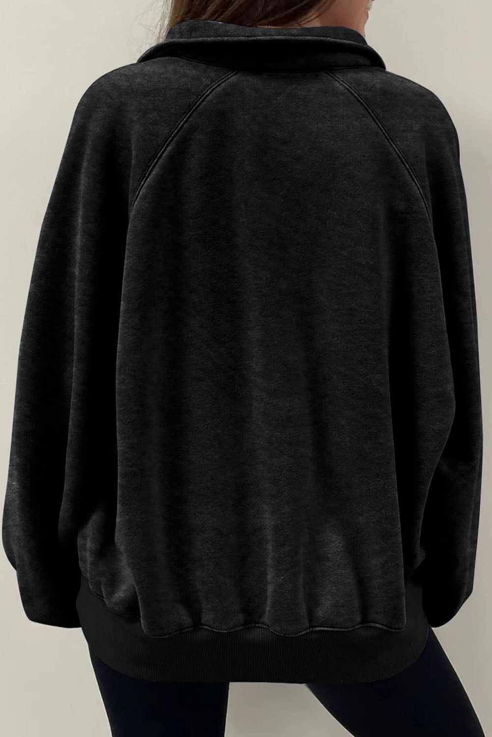 Black Solid Snap Buttons Collared Balloon Sleeve Oversized Sweatshirt eAura