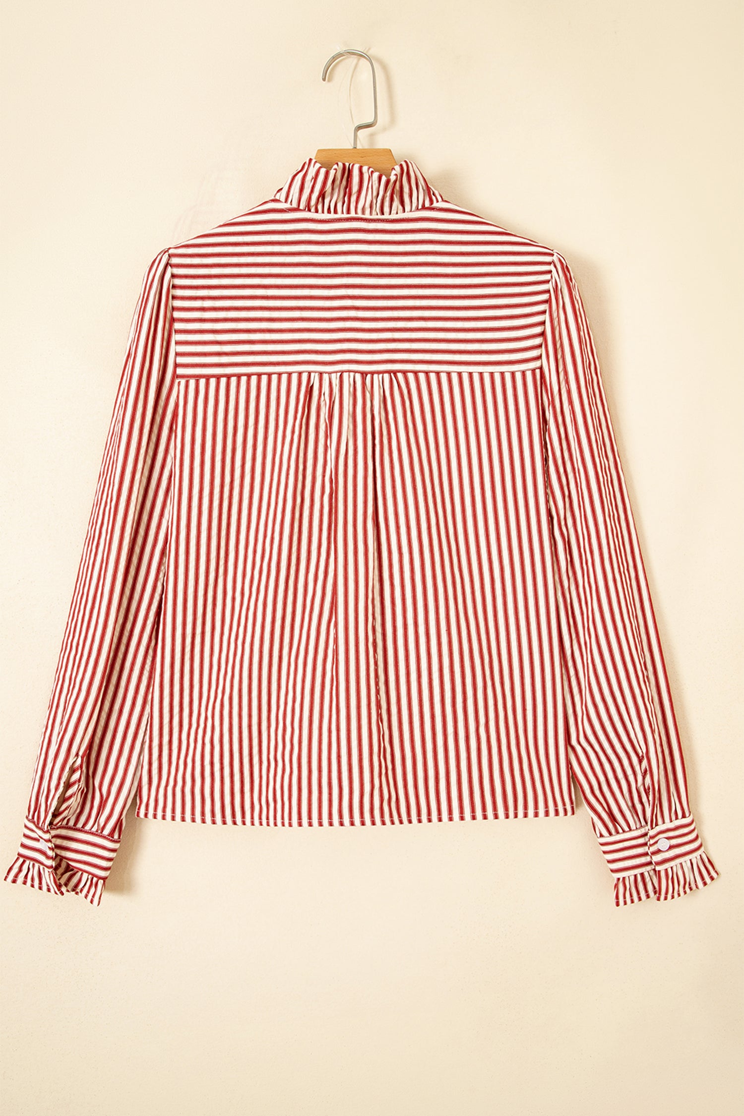 Textured Ruffle Trim Button-Up Long Sleeve Shirt – Red Stripe