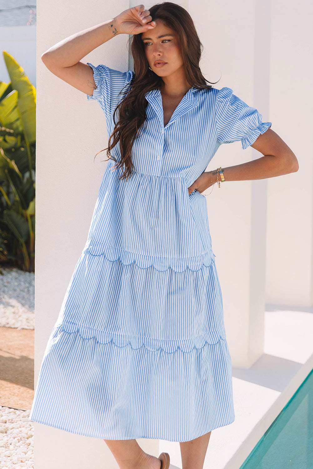 Sky Blue Stripe Bubble Short Sleeve Tiered Scallop Long Dress eAura