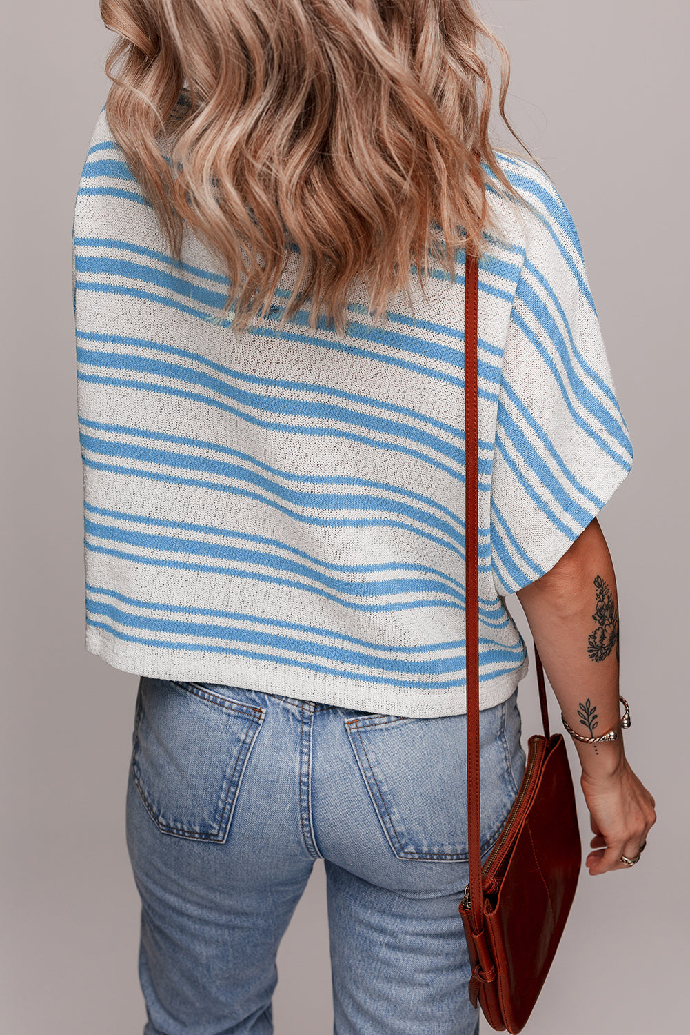 Sky Blue Stripe Boxy Fit Wide Sleeve Sweater T Shirt eAura