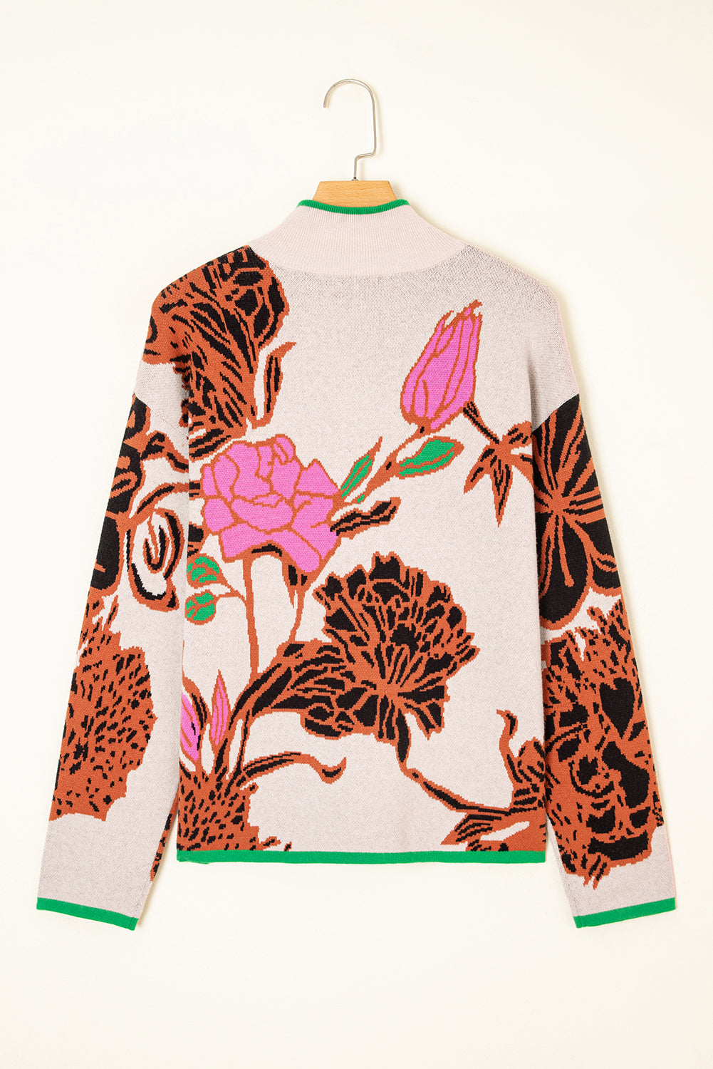 Floral Pattern Knit Quarter Zip Stand Neck Sweater - Sweaters & Cardigans/Sweaters