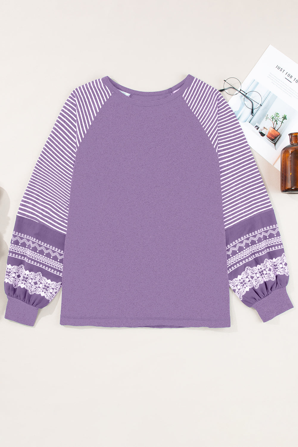 Contrast Print Striped Raglan Long Sleeve Loose Top - eAura