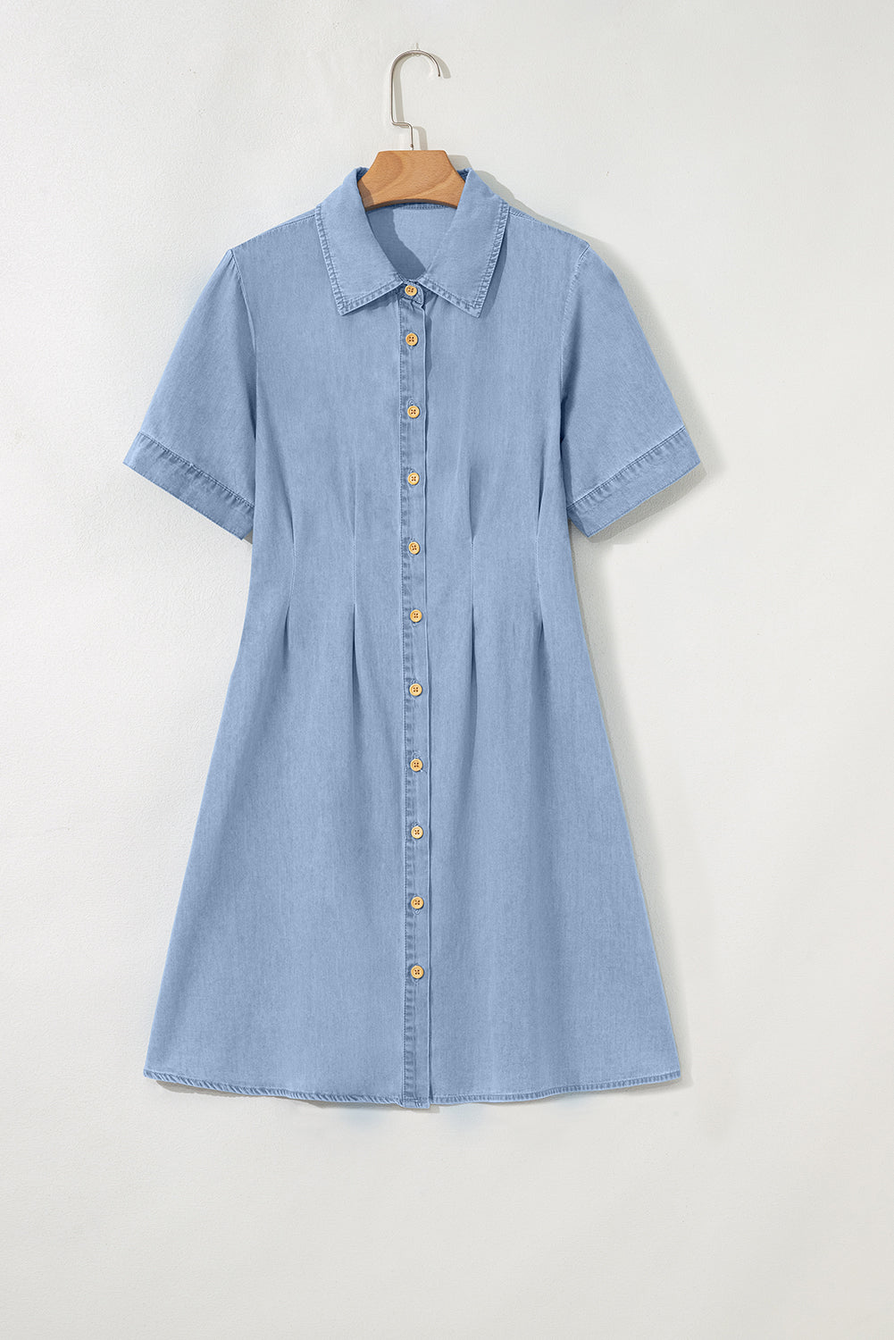Myosotis Denim Pleated Slim Waist Short Sleeve Shirt Dress eAura