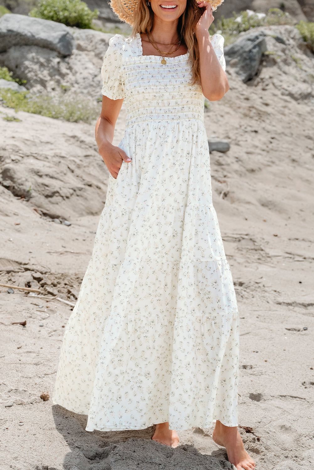 White Frilly Shirred Bodice Tiered Floral Maxi Dress eAura