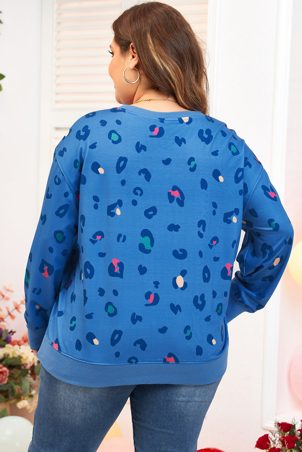 Sky Blue Leopard Ribbed Edge Drop Shoulder Pullover Sweatshirt BB Fashion Outlet
