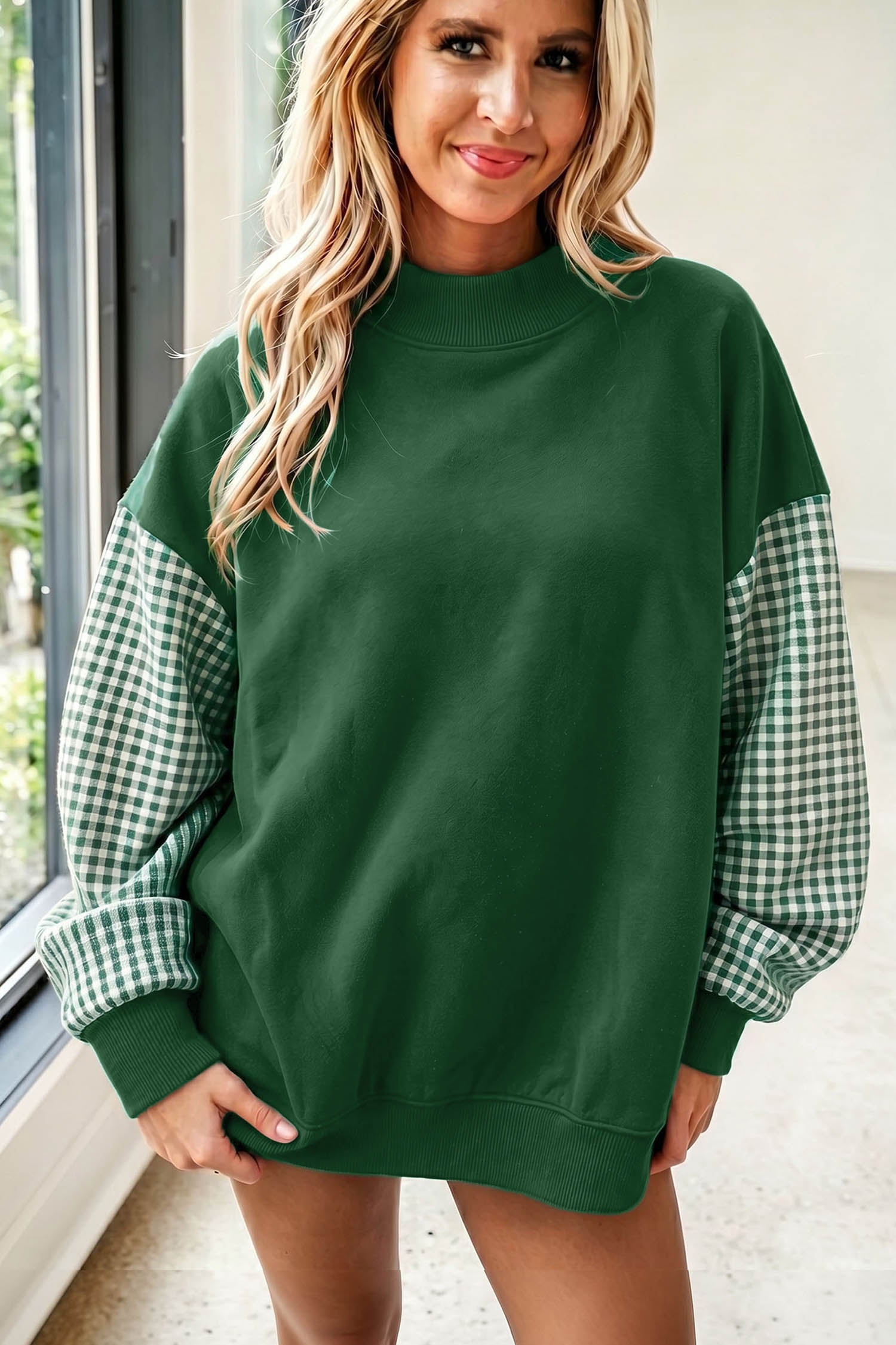 Plaid Sleeve Colorblock Loose Tunic Sweatshirt – Evergreen