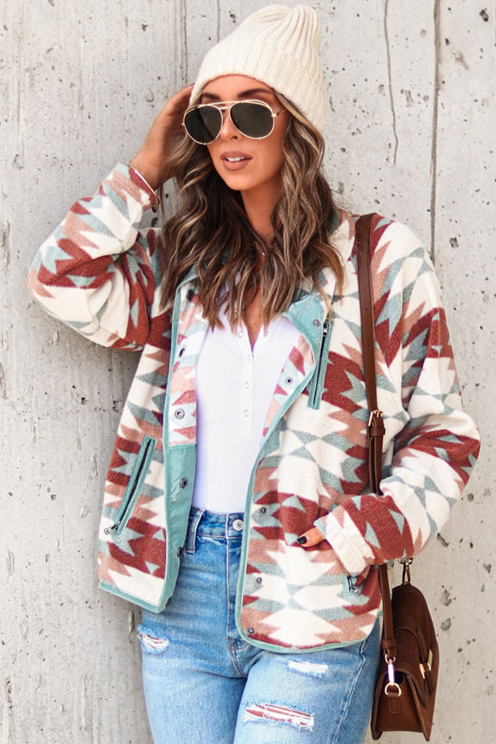 Fiery Red Western Aztec Buttoned Zipper Pockets Fleece Jacket eAura