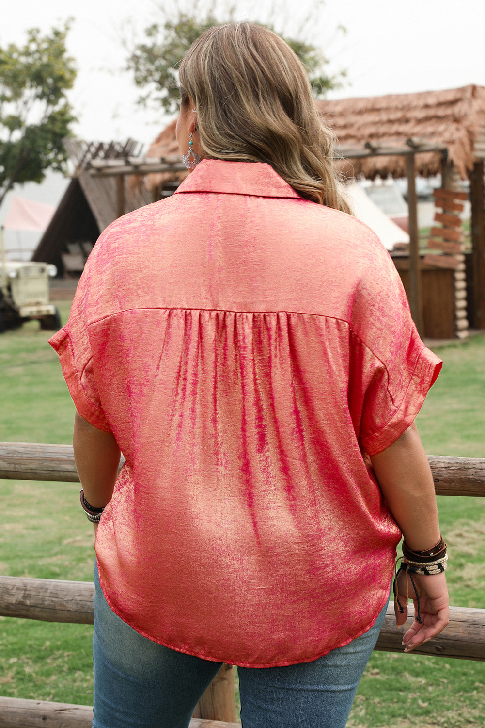 Rose Red Plus Size Metallic Sheen Short Sleeve Button Up Shirt BB Fashion Outlet