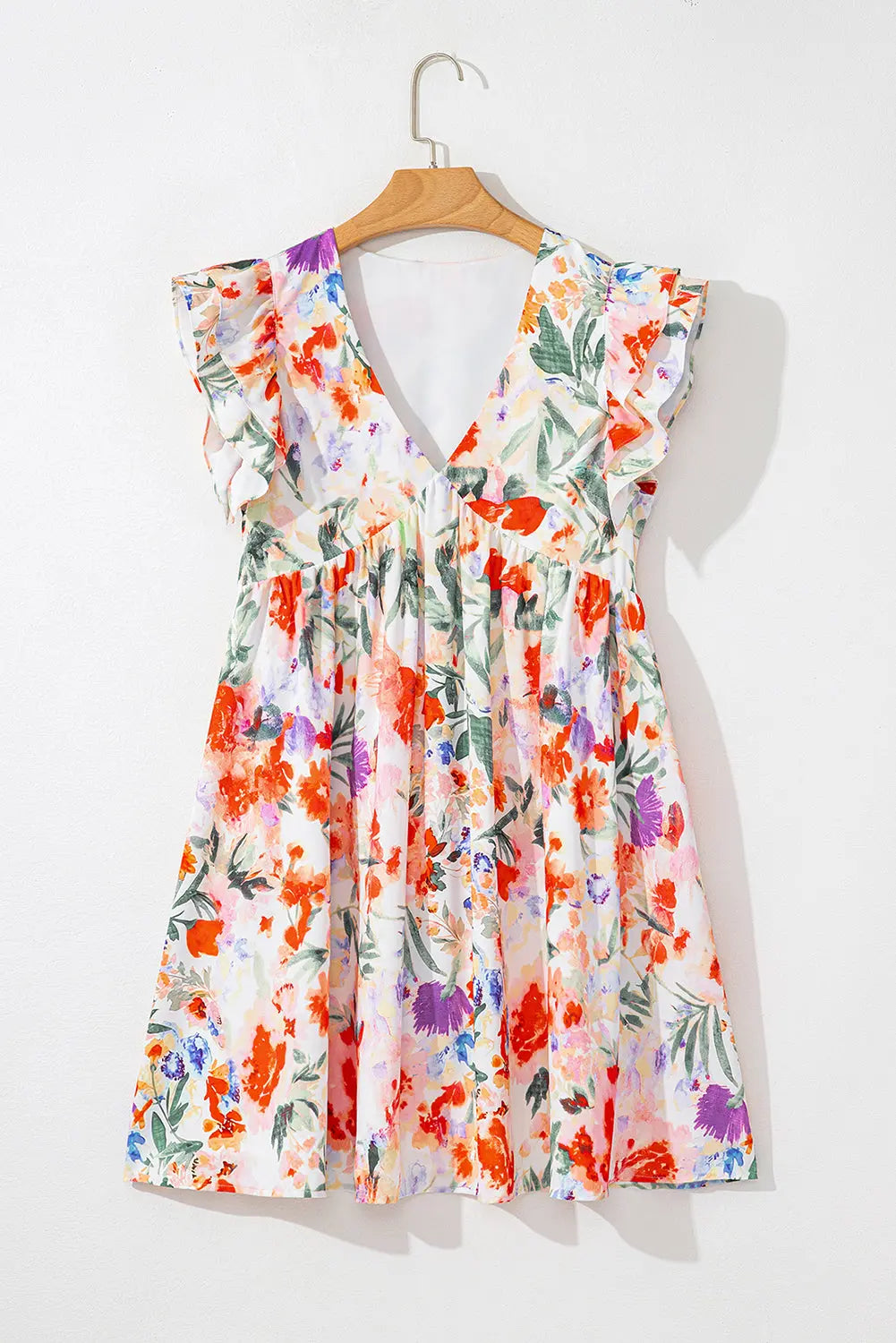 Pink Floral Double Ruffle Sleeve V Neck High Waist Mini Dress - Dresses/Floral Dresses