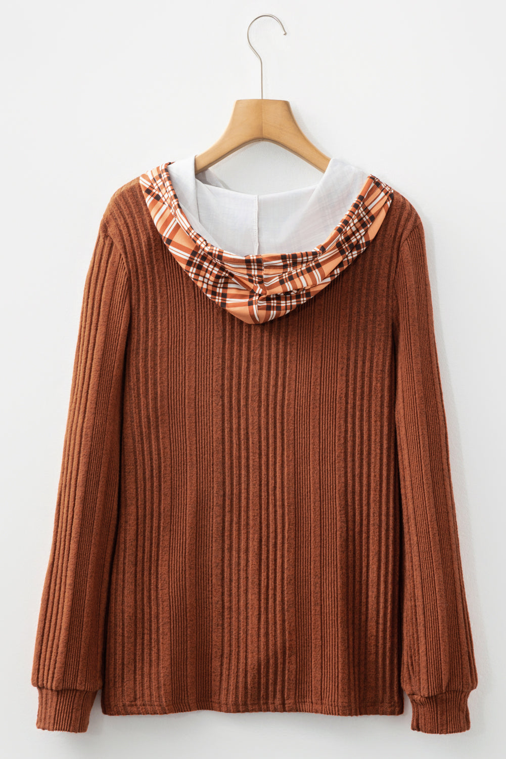 Plaid Patchwork Ribbed Drawstring Hooded Top - eAura