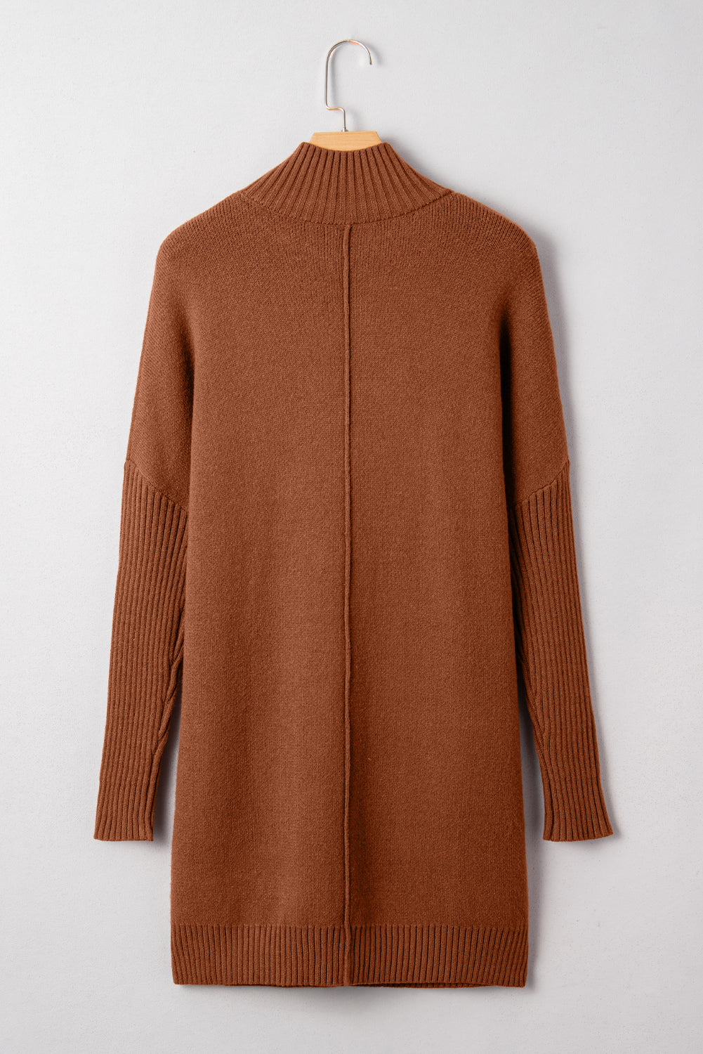 Brown Ribbed High Neck Front Pockets Center Seam Shift Sweater Dress eAura