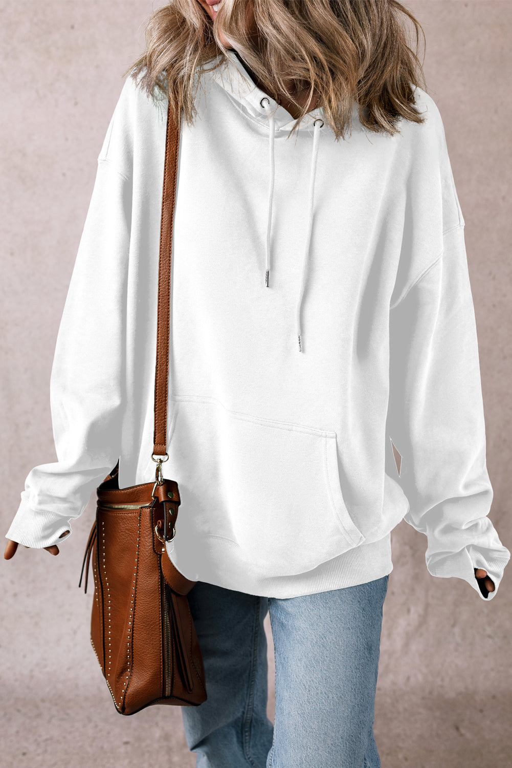 White Fleece Lined Kangaroo Pocket Drawstring Chunky Hoodie eAura