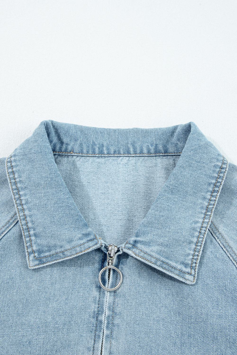 Blue Elastic Edge Collared Zip Up Denim Jacket With Pocket eAura