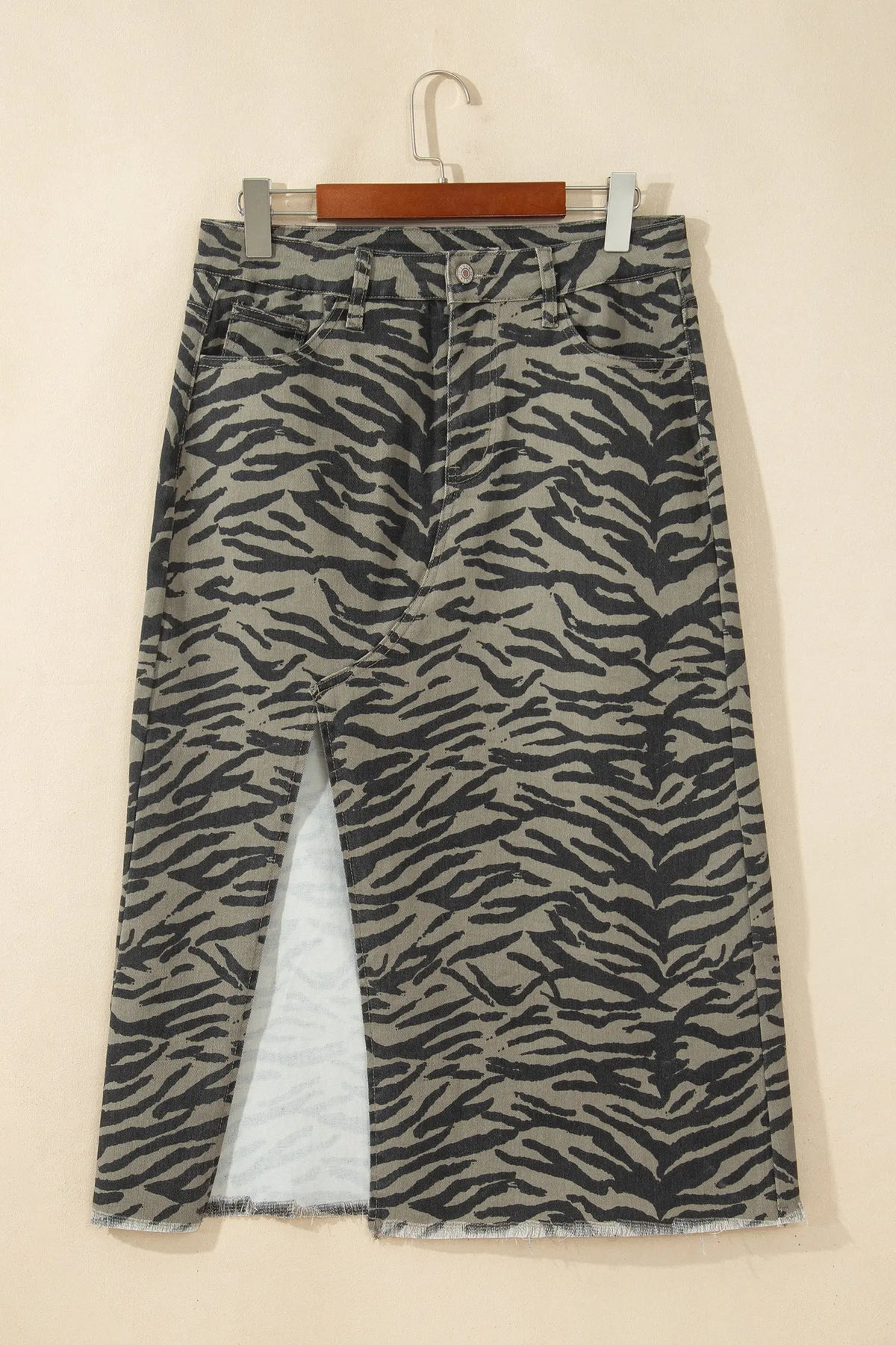 Leopard Print Side Split Frayed Hem Denim Midi Skirt