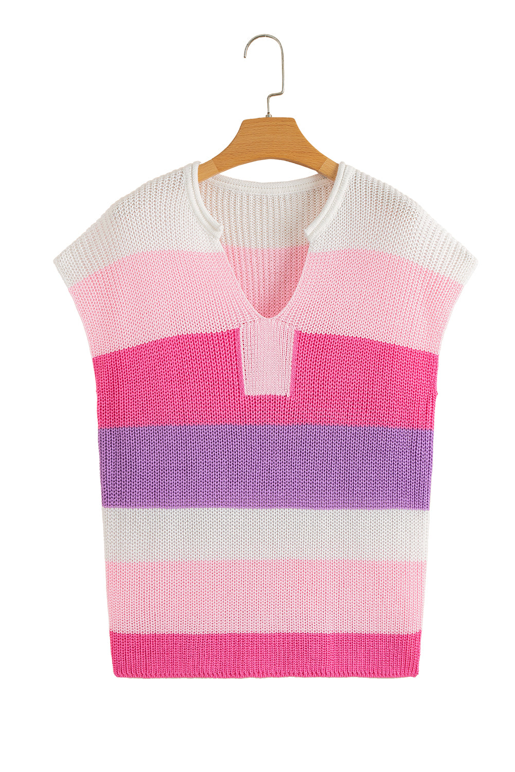 Pink Color Block Notch V Neck Sweater T Shirt eAura
