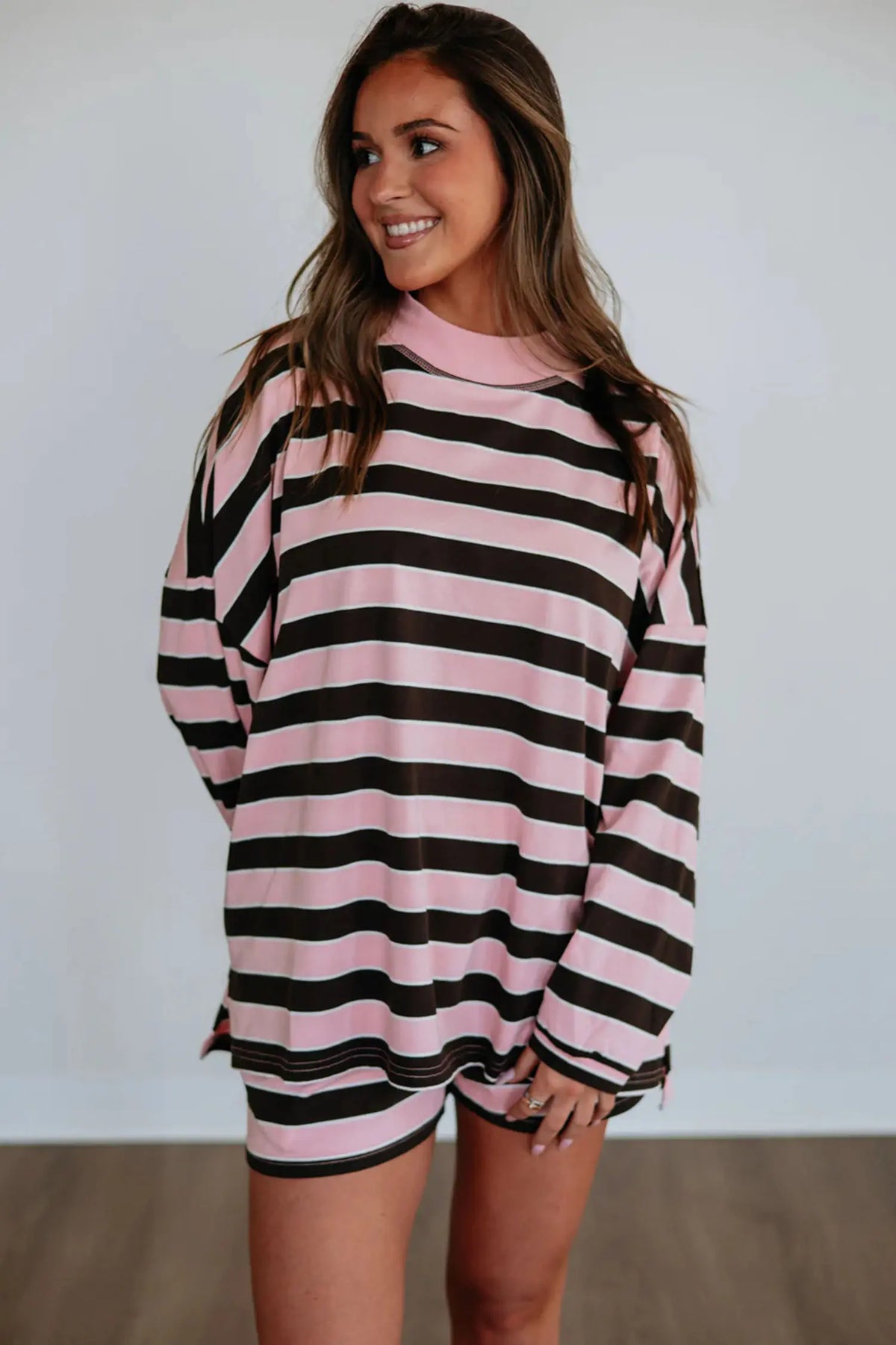 Pink Stripe Oversized Long Sleeve Top Elastic Waist Shorts Casual 2pcs Set