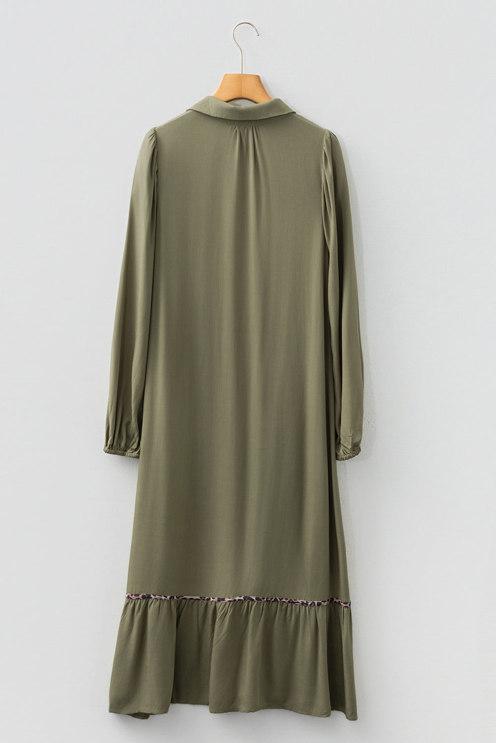 Collared V-Neck Smocked Detail Contrast Leopard Trim Bracelet Sleeve Long Dress - eAura