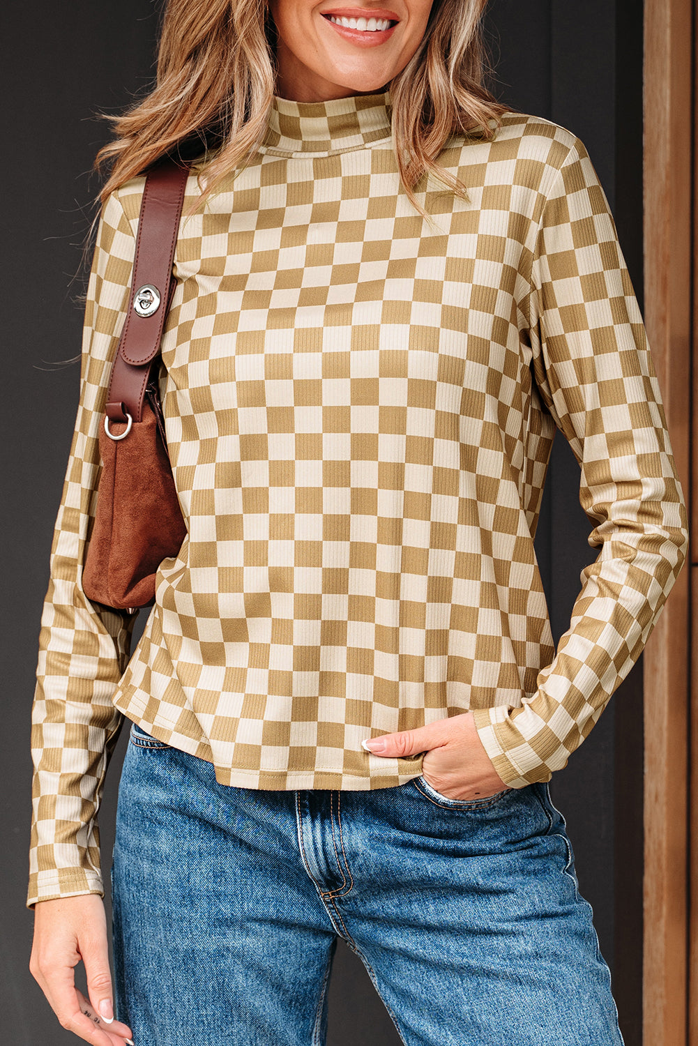 Check Pattern Turtleneck Ribbed Slim Long Sleeve Tee - eAura