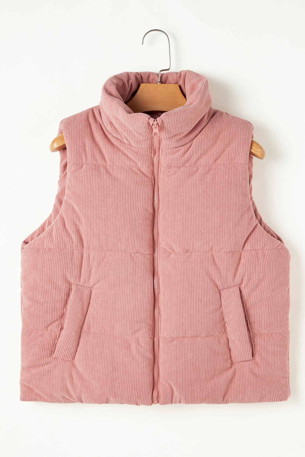 Pink Cord Stand Neck Zipped Puffer Gilet eAura