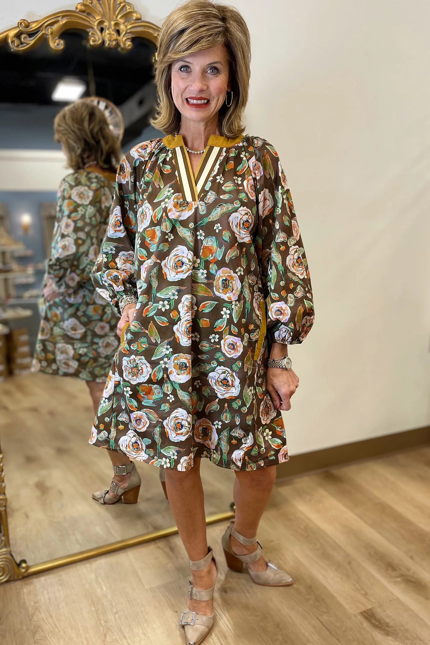 Brown Floral Print Contrast Trim V-Neck Pocketed Long Sleeve Mini Dress