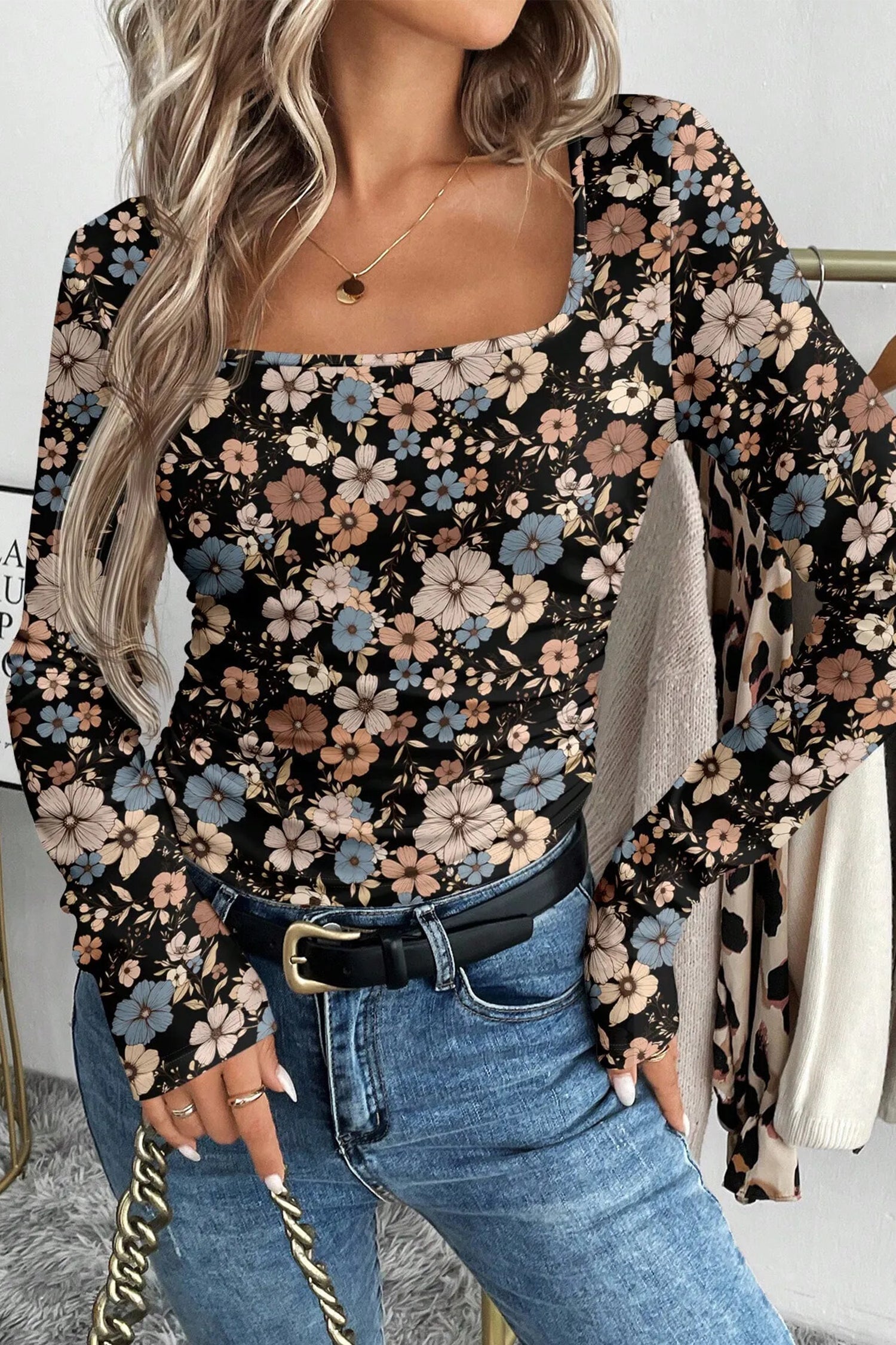 Print Slim Long Sleeve Top - Black / L - Tops/Long Tops