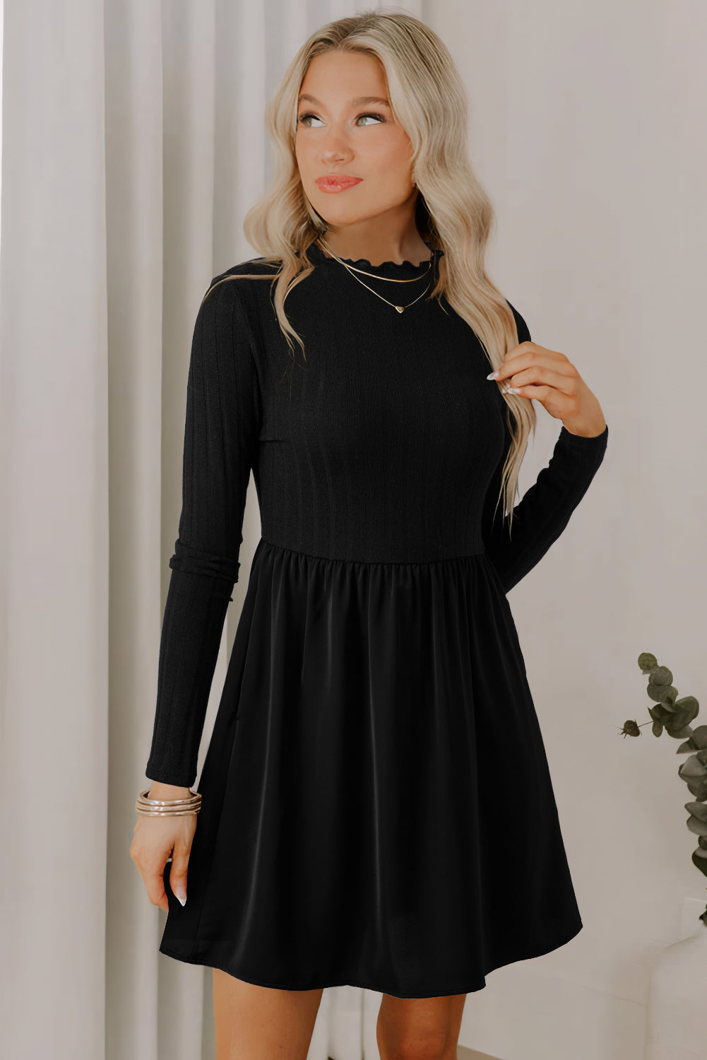 Black Frilled Neck Ribbed Knit Patchwork Long Sleeve Mini Dress Dear-Lover Dropshipping