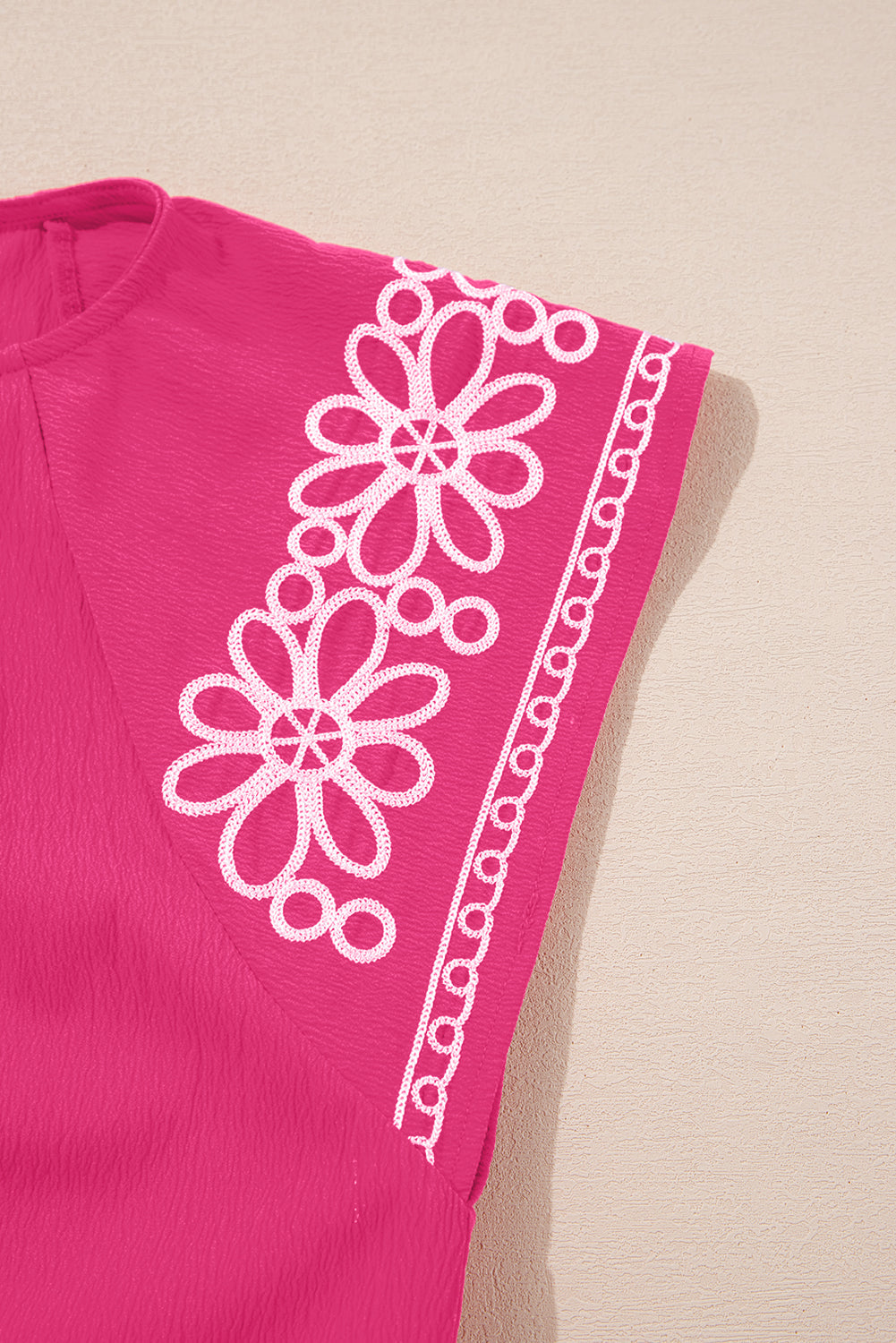 Sachet Pink Floral Embroidered Flutter Sleeve Pleated Neck Blouse eAura