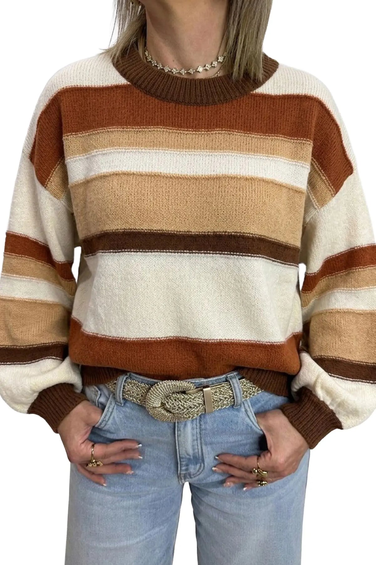 Knit Sweater — Striped Crew Neck Long Sleeve